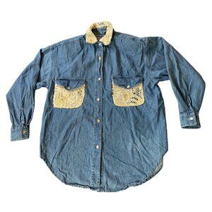 Quizz New York Denim Button Down Lace & Pearl Detail Long Sleeve Small